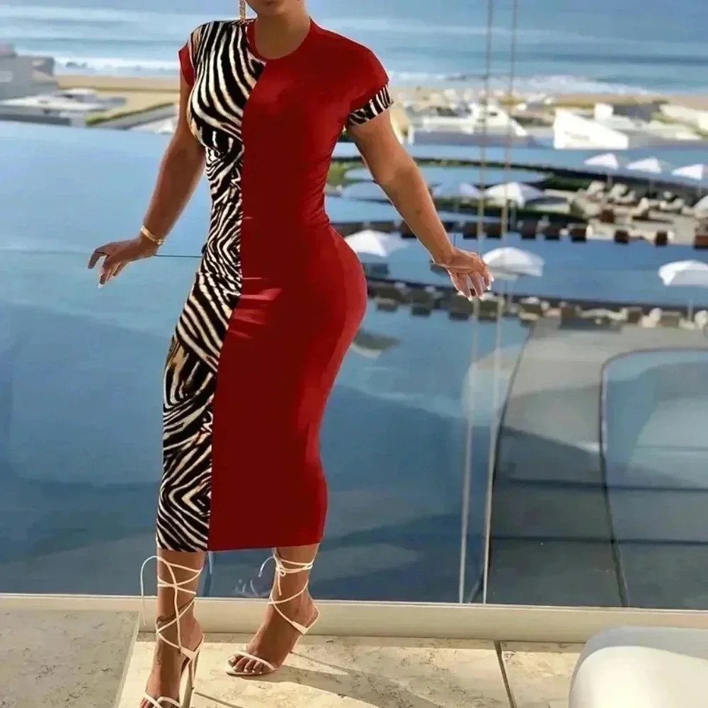 Zebra Striped Patchwork Bodycon Dress (Color: Red)